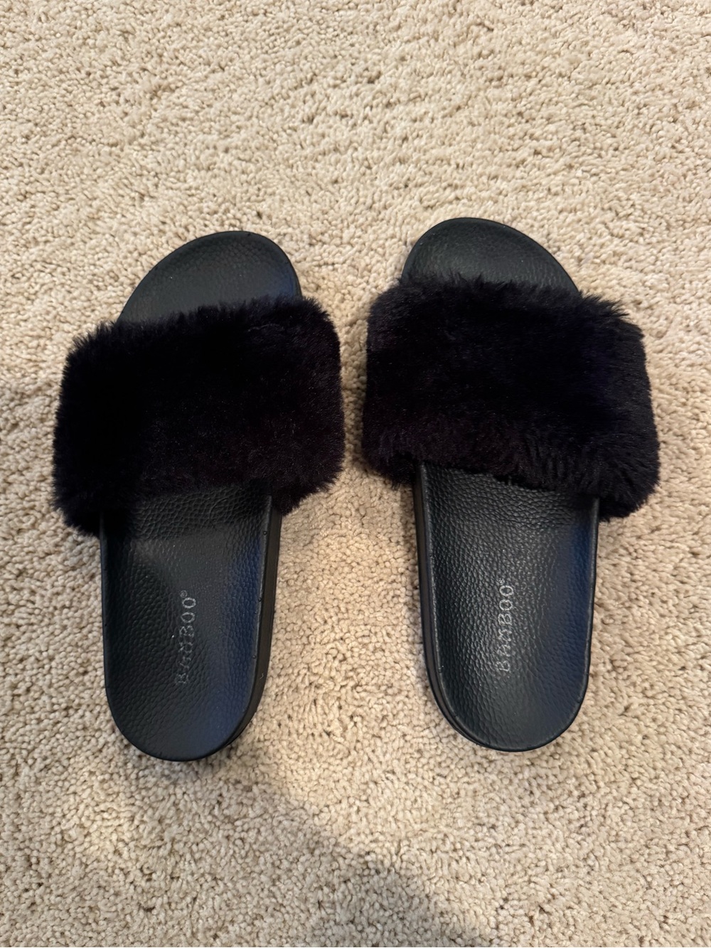 BAMBOO Black Faux Fur Slide Slippers